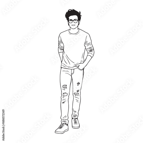 Handsome Man Black and White Illustration Vector Image Male Portrait Fashion Sketch Line Art Design