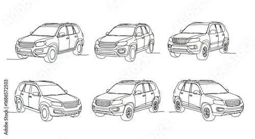 Collection of six suv car outlines in a grid layout