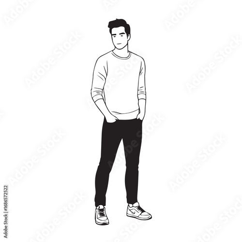 Handsome Man Black and White Illustration Vector Image Male Portrait Fashion Sketch Line Art Design