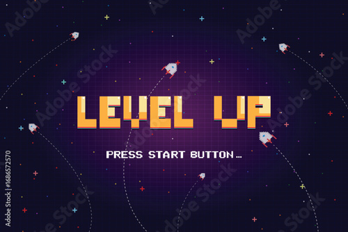 LEVEL UP icon pixel art. 8 bit game. retro game. Retro Futurism Sci-Fi Background. glowing neon grid. and stars from vintage arcade computer games