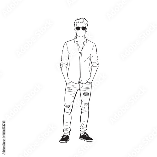 Handsome Man Black and White Illustration Vector Image Male Portrait Fashion Sketch Line Art Design