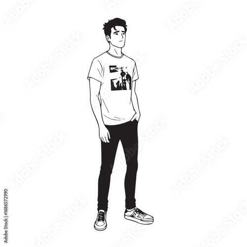 Handsome Man Black and White Illustration Vector Image Male Portrait Fashion Sketch Line Art Design