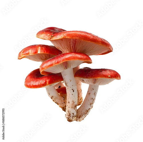 Scarlet red capped russula mushrooms isolated on a white background.