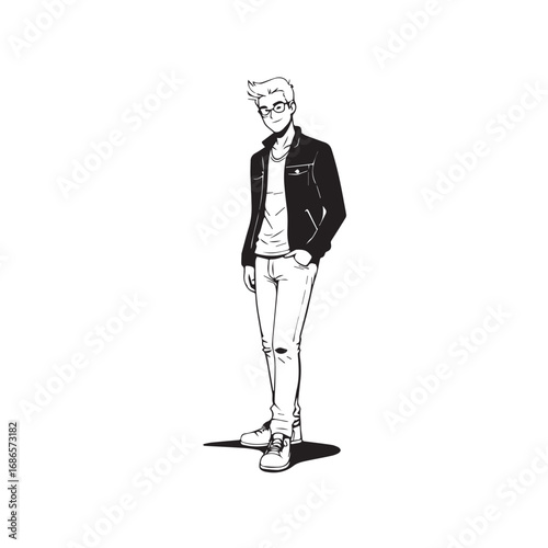 Handsome Man Black and White Illustration Vector Image Male Portrait Fashion Sketch Line Art Design