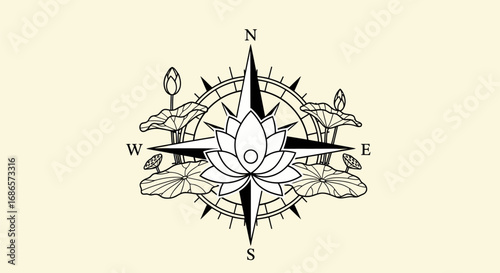 Spiritual journey symbol with lotus and compass rose.