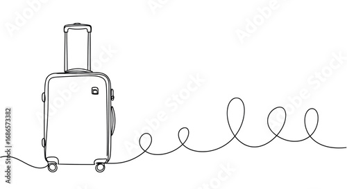 Continuous line drawing of a suitcase with wheels and a trailing line