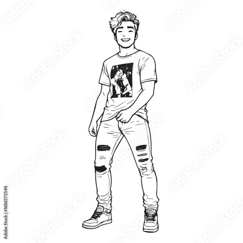 Handsome Man Black and White Illustration Vector Image Male Portrait Fashion Sketch Line Art Design	