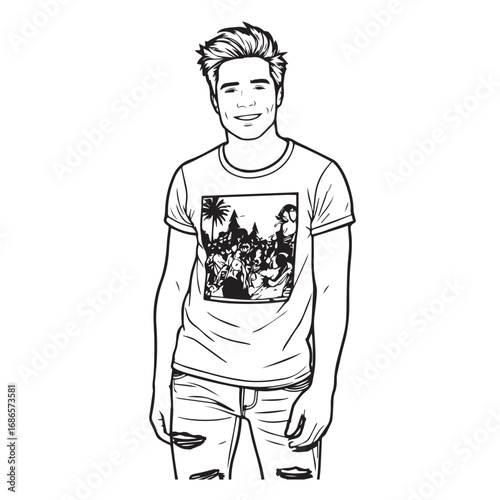 Handsome Man Black and White Illustration Vector Image Male Portrait Fashion Sketch Line Art Design	