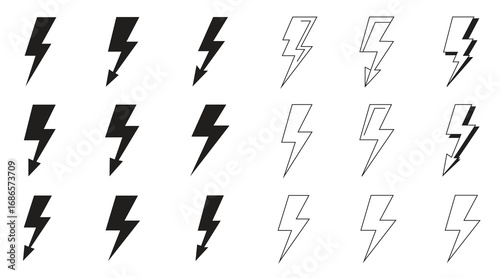 Collection of bold lightning bolt icons in solid black and outline styles