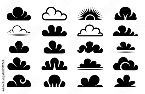 Collection of stylized cloud and sun icons in black and white