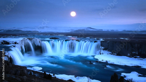 Red Moon landscape, waterfalls, night, moonlight, blue hour, mountains, long exposure, ethereal, serene, dramatic, vibrant colors, scenic, nature, fantasy
