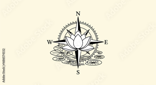 Spiritual Navigation Symbol with Lotus and Compass Rose.