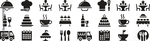 Silhouette catering for events icons set. food service, party, buffet, banquet vector illustration