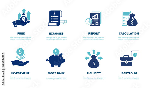 Business infographics icons. Legal services, SEO, sign. Set of investment icons. Economy, money fund, dollar, investor, assets, risk management, financial profit, blue design. Vector illustration