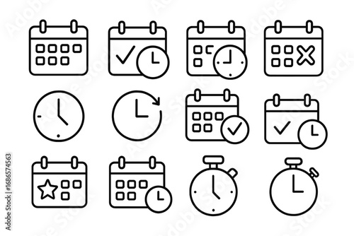 Calendar and clock linear icon set. Schedule, time management, and planning outline icons. Vector symbols for appointment, deadline, event, and reminder. Thin line pictogram collection.