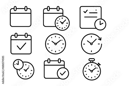 Calendar and clock linear icon set. Time management, schedule, and planning symbols. Outline collection for agenda, appointment, deadline, and event. Vector pictogram for UI.