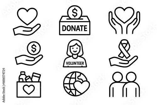 Charity and donation line icon set. Giving, support, volunteer concepts. Vector collection for fundraising, non-profit, and humanitarian aid. Awareness and community care symbols.
