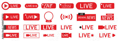 Collection of dynamic red live streaming and news broadcast graphic elements