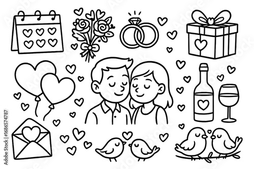 Wedding and anniversary doodle icon set. Hand-drawn vector celebration elements. Couple in love, engagement rings, heart balloons, romantic gift, flowers, wine for Valentine's day.