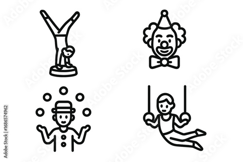 Circus performer line icon set. Acrobat, clown, juggler, gymnast vector collection. Entertainment show graphic. Cartoon character outline symbol for carnival or festival.