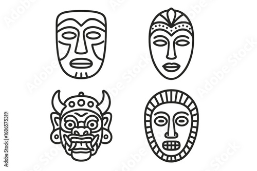 Cultural mask icon set. Traditional ethnic and tribal masks outline collection. African, Asian, Aztec, Mayan, tiki, demon, spirit. Ritual symbol vector illustration.