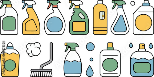cleaning products brand icons set. detergent, spray, hygiene, sanitation vector illustration