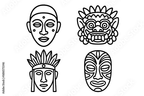 Cultural mask icon set. Traditional ethnic tribal masks outline collection. Vector illustration of African, Polynesian, Balinese, and Native American ceremonial ritual faces.