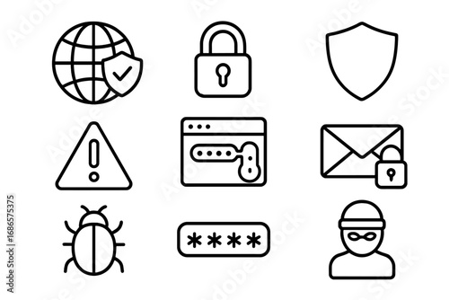Cybersecurity line icon set. Internet security, data privacy, and network protection outline icons. Hacker, virus, password, and encryption symbols for web and mobile apps.