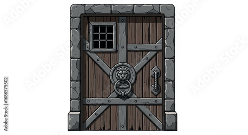 Old Medieval Dungeon Door with Metal Accents and Small Window.
