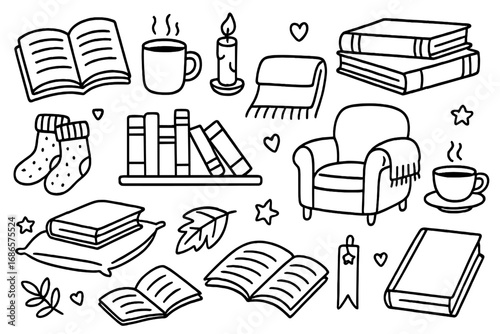 Cozy reading doodle set. Hand drawn hygge lifestyle collection. Vector book, armchair, candle, hot drink and autumn accessories. Cartoon illustration for relaxation and leisure.
