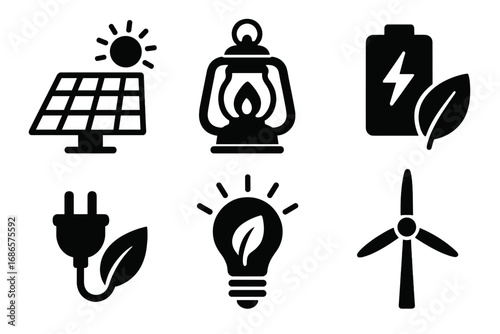Green energy vector icon set. Eco friendly power. Sustainable electricity. Renewable source. Solar panel, sun, wind turbine, leaf battery, nature plug, eco lightbulb, lantern.