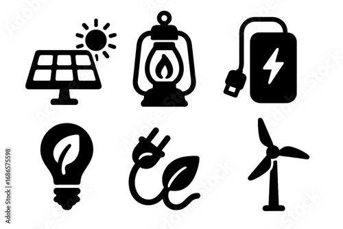 Eco-friendly energy icon set. Green power concept. Solar panel, wind turbine, sustainable electricity. Power bank, lantern, leaf bulb vector silhouette collection. Renewable.