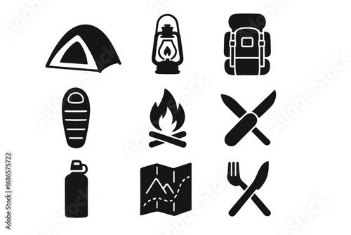 Essential camping gear icon set for outdoor enthusiasts. Minimalist silhouette collection of hiking equipment. Vector illustration includes tent, backpack, campfire, map, lantern.