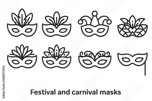 Carnival mask icon set for festival and celebration. Vector line art collection for masquerade party. Venetian, Mardi Gras, and jester masks for costume events. Editable stroke.