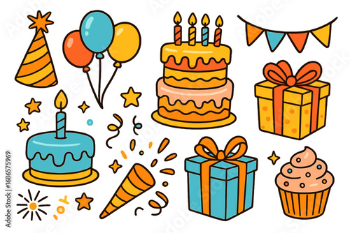 Festive birthday doodles set. Cartoon celebration icons with cakes, gifts, and balloons. Hand drawn vector illustration collection for party decoration, invitation, and design.