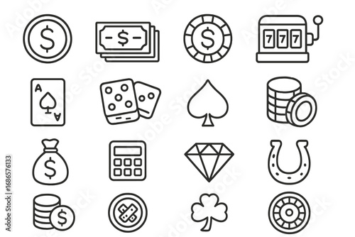 Finance and casino outline icon set. Money and gambling symbols line collection. Vector icons for luck, risk, wealth, and fortune. Slot machine, poker, dice, and roulette signs.