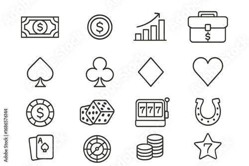Finance and casino outline icon set. Money and gambling symbols line collection. Vector icons for business, investment, risk, and luck concepts. Poker, slot machine, dice icons.