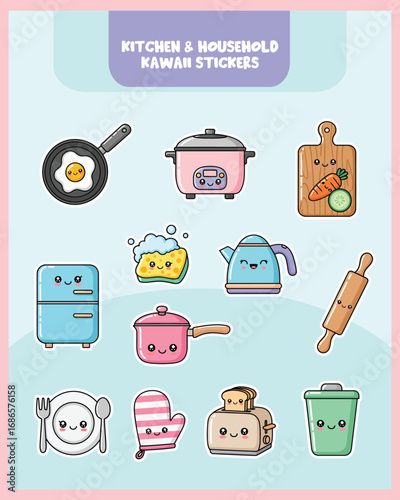 Fun kawaii kitchen and household stickers with utensils, dishes, cleaning tools, and cookware in pastel style.