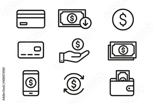 Finance and payment line icon set. Money, banking, and transaction outline icons. Credit card, cash, mobile payment, wallet, currency exchange, income, and savings symbols.