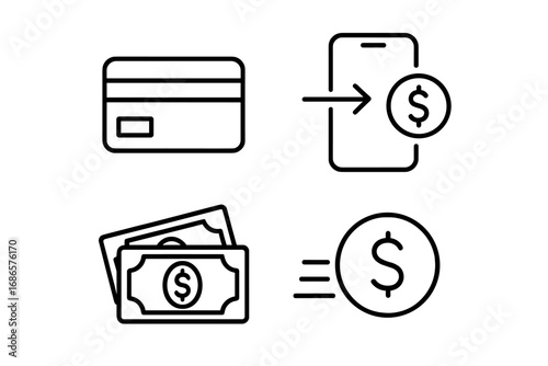 Finance and payment line icon set. Money transfer, mobile banking, credit card, and cash transaction symbols. Vector outline illustration for business and financial concepts.