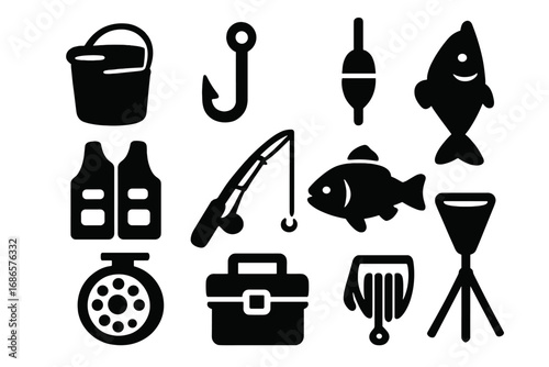 Fishing gear vector icon set. Simple bold black silhouette symbols. Fisherman equipment collection includes rod, reel, hook, bobber, fish, tackle box, vest, and bucket.