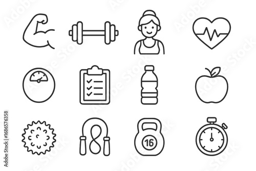 Fitness and health outline icon set. Exercise, wellness, gym symbols. Vector collection for active lifestyle, workout, nutrition, sport. Dumbbell, apple, scale, heart.