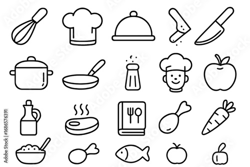 Food and cooking outline icon set. Culinary and kitchen linear symbols. Vector collection for restaurant menu, recipe book, website. Chef, utensil, ingredient pictograms.