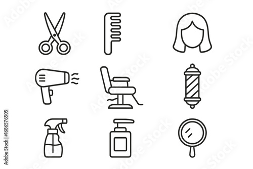 Hair salon and barbershop line icon set. Vector symbols of haircut tools and beauty equipment. Outline collection with scissors, comb, hairdryer, chair, and barber pole.