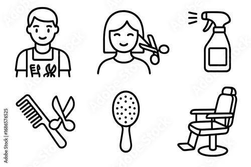 Hair salon and barbershop linear icon set. Hairdresser, hairstylist, and client characters. Haircut and styling tools like scissors, comb, brush, and spray bottle.