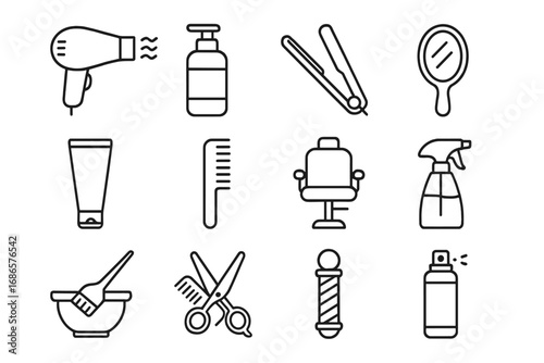 Hair salon and barber shop line icon set. Vector collection of professional hairstyling and haircut tools, equipment, and accessories. Outline symbols for beauty industry.