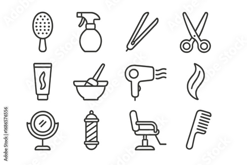 Hair salon and barbershop linear icon set. Hairdresser tools, barber equipment, and beauty accessories in outline style. Vector symbols for hairstyling and haircut.