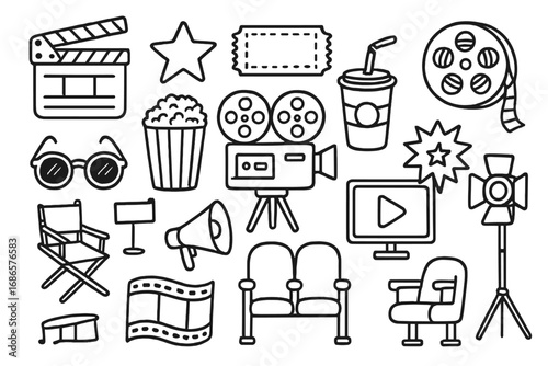 Hand drawn cinema doodle icon set. Movie entertainment and film production equipment in sketch style. Vector line art collection with camera, clapperboard, popcorn, ticket.