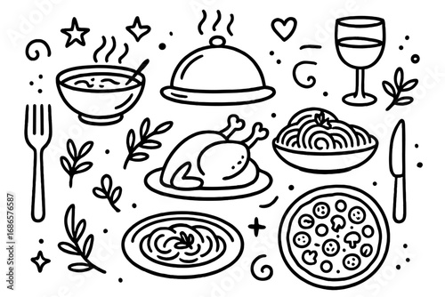 Hand-drawn dinner food icons set for menu design. Vector doodle illustration of chicken, pizza, pasta, soup. Restaurant meal elements. Cartoon line art graphic collection.
