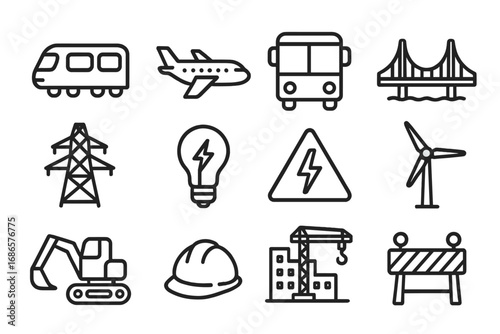Infrastructure outline icon set. Transport, energy, and construction vector symbols. Public transportation, electricity, building industry pictograms. Urban development elements.